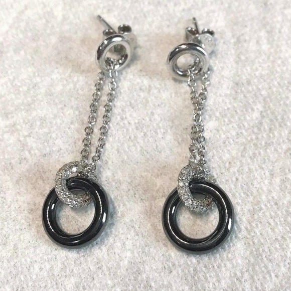 Black Ceramic Natural Diamond 925 Silver Earrings